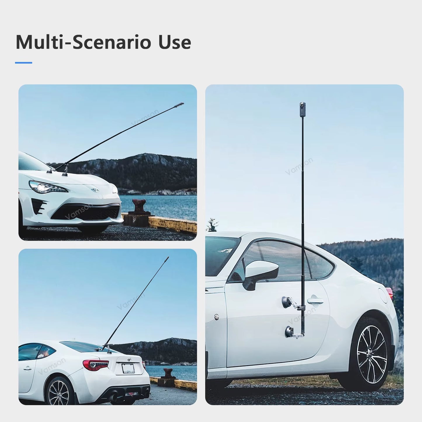 Vamson for Insta360 One R X2 Gopro Hero 10 9 Car Suction Cup Holder Double Ball Head Adapter with Aluminum Selfie Stick Tripod