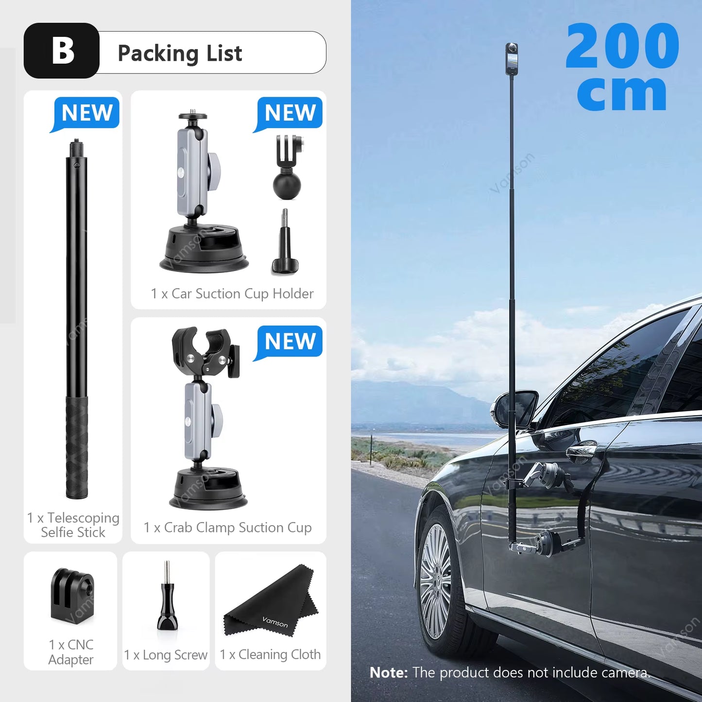 Vamson for Insta360 One R X2 Gopro Hero 10 9 Car Suction Cup Holder Double Ball Head Adapter with Aluminum Selfie Stick Tripod