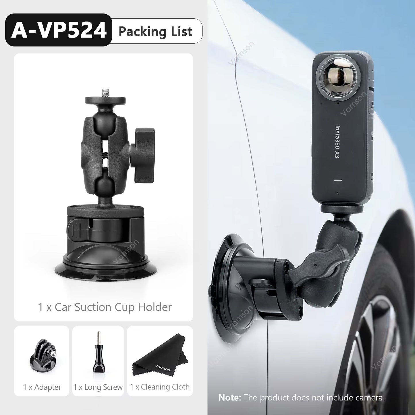 Vamson for Insta360 One R X2 Gopro Hero 10 9 Car Suction Cup Holder Double Ball Head Adapter with Aluminum Selfie Stick Tripod