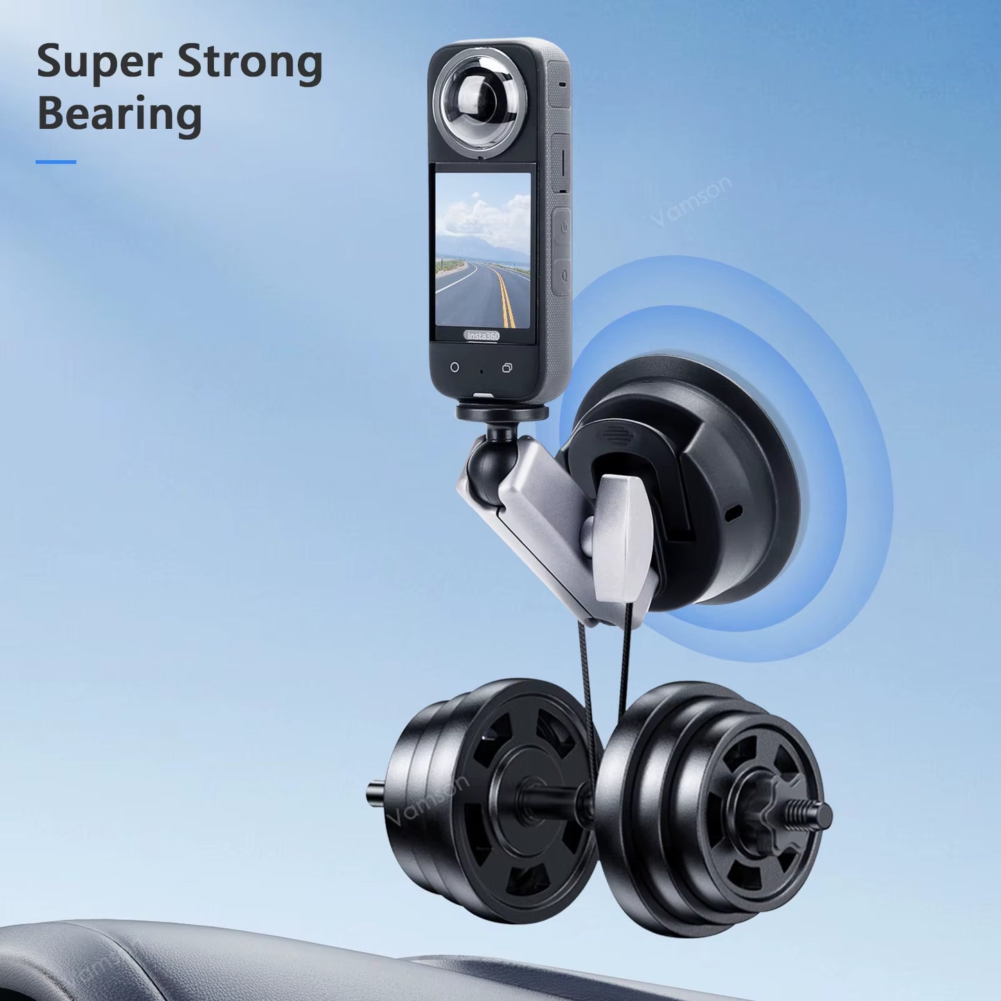 Vamson for Insta360 One R X2 Gopro Hero 10 9 Car Suction Cup Holder Double Ball Head Adapter with Aluminum Selfie Stick Tripod