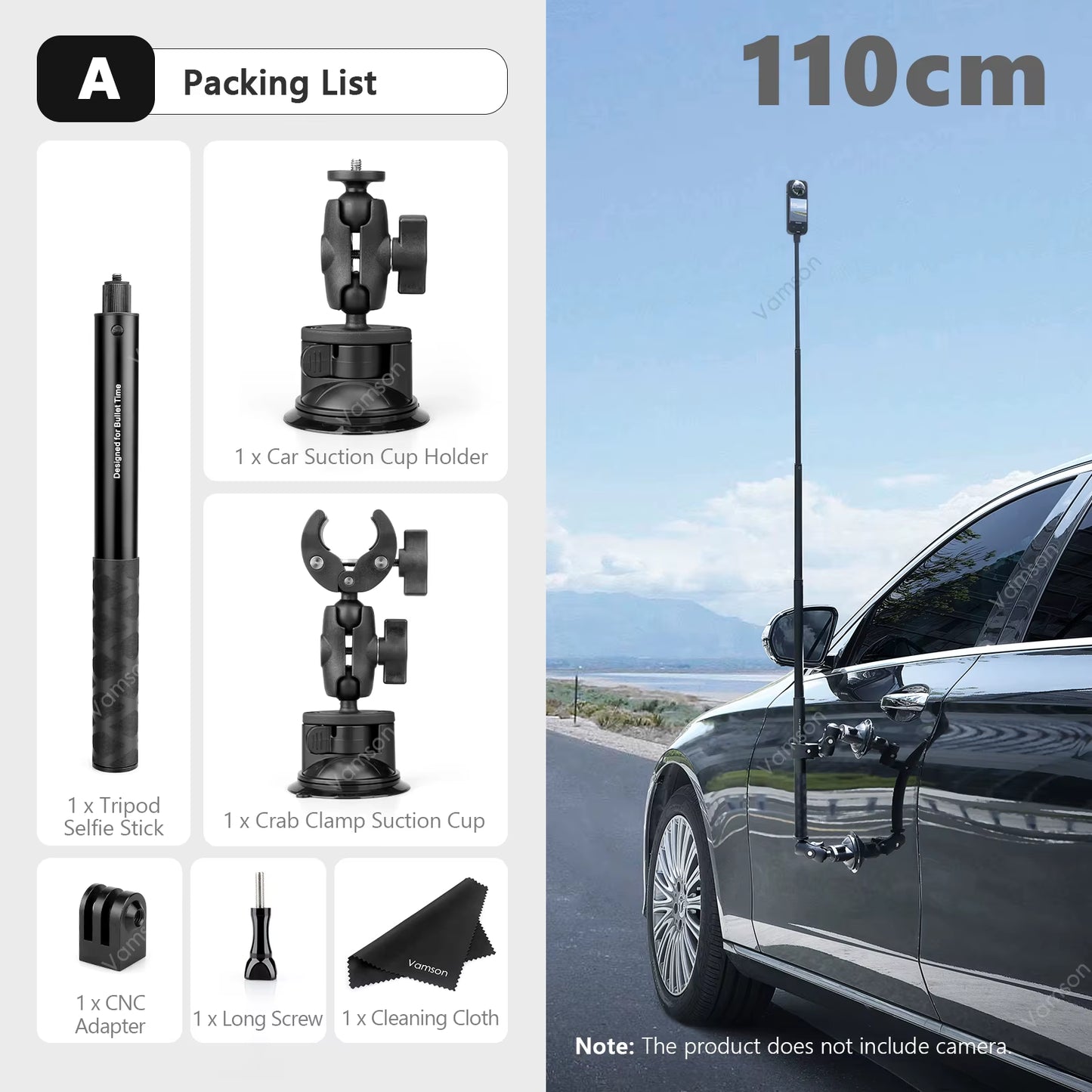Vamson for Insta360 One R X2 Gopro Hero 10 9 Car Suction Cup Holder Double Ball Head Adapter with Aluminum Selfie Stick Tripod