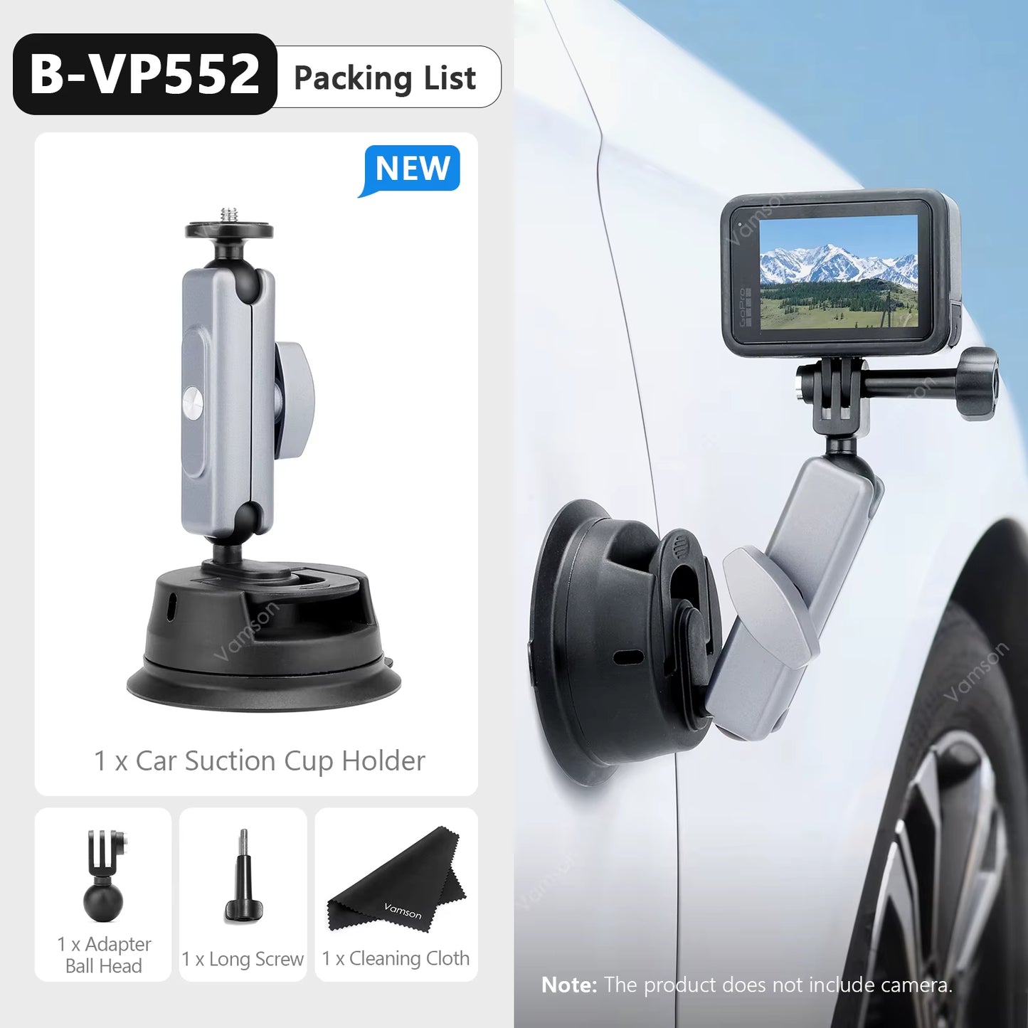 Vamson for Insta360 One R X2 Gopro Hero 10 9 Car Suction Cup Holder Double Ball Head Adapter with Aluminum Selfie Stick Tripod