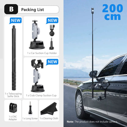Vamson for Insta360 One R X2 Gopro Hero 10 9 Car Suction Cup Holder Double Ball Head Adapter with Aluminum Selfie Stick Tripod